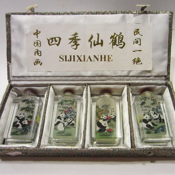 Asian Glass Snuff Bottles Set In Box Graphics Various Scene Panda Watermelon